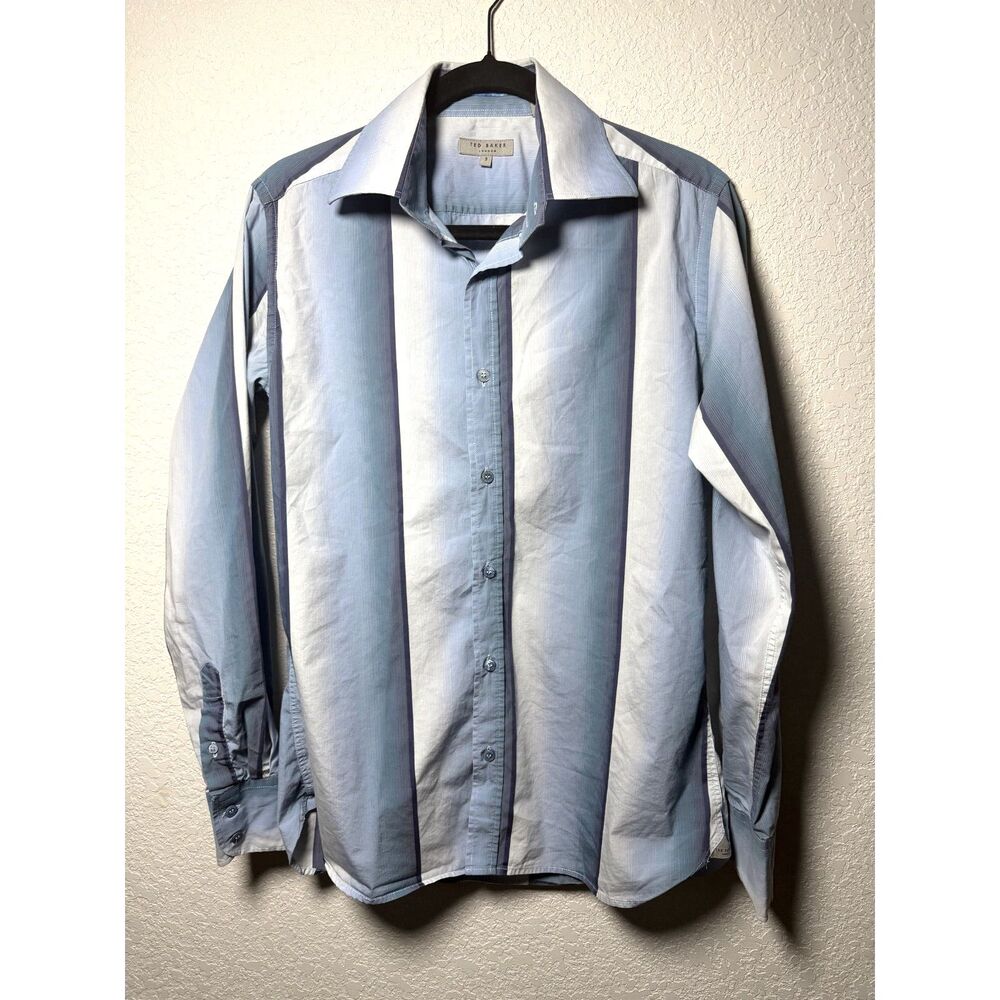 Ted Baker Long Sleeve Button Up Shirt Mens Size 3 Medium Blue Striped Cotton Top - Picture 2 of 10